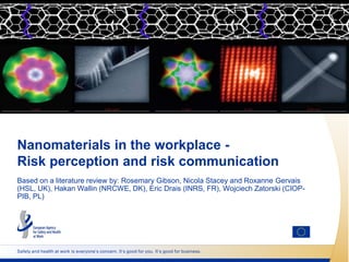 Nanomaterials in the workplace -
Risk perception and risk communication
Based on a literature review by: Rosemary Gibson, Nicola Stacey and Roxanne Gervais
(HSL, UK), Hakan Wallin (NRCWE, DK), Eric Drais (INRS, FR), Wojciech Zatorski
(CIOP-PIB, PL)
Available at: http://osha.europa.eu/en/publications/literature_reviews/risk-perception-
and-risk-communication-with-regard-to-nanomaterials-in-the-workplace/view




Safety and health at work is everyone‟s concern. It‟s good for you. It‟s good for business.
 