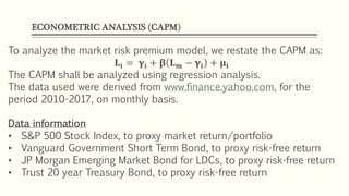 ECONOMETRIC ANALYSIS (CAPM)
To analyze the market risk premium model, we restate the CAPM as:
𝐋𝐢 = 𝛄𝐢 + 𝛃 𝐋 𝐦 − 𝛄𝐢 + 𝛍𝐢
The CAPM shall be analyzed using regression analysis.
The data used were derived from www.finance.yahoo.com, for the
period 2010-2017, on monthly basis.
Data information
• S&P 500 Stock Index, to proxy market return/portfolio
• Vanguard Government Short Term Bond, to proxy risk-free return
• JP Morgan Emerging Market Bond for LDCs, to proxy risk-free return
• Trust 20 year Treasury Bond, to proxy risk-free return
 