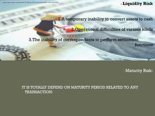 Liquidity Risk
1.A temporary inability to convert assets to cash
2.Operational difficulties of various kinds
3.The inability of correspondents to perform settlement
functions
Maturity Risk:
IT IS TOTALLY DEPEND ON MATURITY PERIOD RELATED TO ANY
TRANSACTION:
 