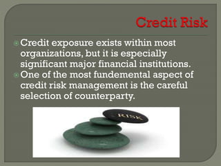 Credit exposure exists within most
organizations, but it is especially
significant major financial institutions.
One of the most fundemental aspect of
credit risk management is the careful
selection of counterparty.
 