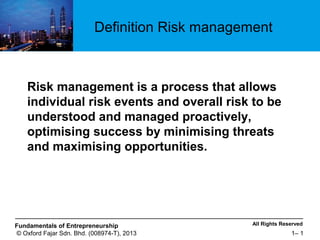 All Rights ReservedFundamentals of Entrepreneurship
© Oxford Fajar Sdn. Bhd. (008974-T), 2013 1– 1
Risk management is a process that allows
individual risk events and overall risk to be
understood and managed proactively,
optimising success by minimising threats
and maximising opportunities.
Definition Risk management
 