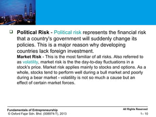 All Rights ReservedFundamentals of Entrepreneurship
© Oxford Fajar Sdn. Bhd. (008974-T), 2013 1– 10
 Political Risk - Political risk represents the financial risk
that a country's government will suddenly change its
policies. This is a major reason why developing
countries lack foreign investment.
Market Risk - This is the most familiar of all risks. Also referred to
as volatility, market risk is the the day-to-day fluctuations in a
stock's price. Market risk applies mainly to stocks and options. As a
whole, stocks tend to perform well during a bull market and poorly
during a bear market - volatility is not so much a cause but an
effect of certain market forces.
 