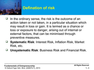 All Rights ReservedFundamentals of Entrepreneurship
© Oxford Fajar Sdn. Bhd. (008974-T), 2013 1– 4
Defination of risk
 In the ordinary sense, the risk is the outcome of an
action taken or not taken, in a particular situation which
may result in loss or gain. It is termed as a chance or
loss or exposure to danger, arising out of internal or
external factors, that can be minimised through
preventive measures.
 Systematic Risk: Interest Risk, Inflation Risk, Market
Risk, etc.
 Unsystematic Risk: Business Risk and Financial Risk.
 