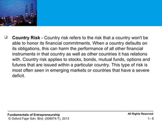 All Rights ReservedFundamentals of Entrepreneurship
© Oxford Fajar Sdn. Bhd. (008974-T), 2013 1– 8
 Country Risk - Country risk refers to the risk that a country won't be
able to honor its financial commitments. When a country defaults on
its obligations, this can harm the performance of all other financial
instruments in that country as well as other countries it has relations
with. Country risk applies to stocks, bonds, mutual funds, options and
futures that are issued within a particular country. This type of risk is
most often seen in emerging markets or countries that have a severe
deficit.
 