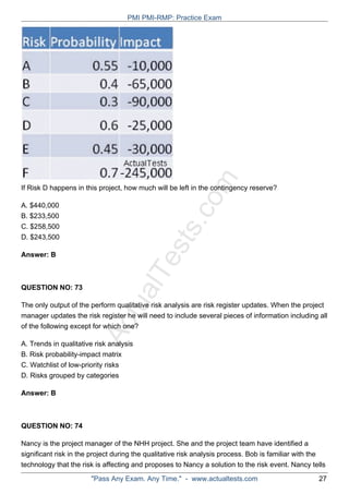 ActualTests.com
If Risk D happens in this project, how much will be left in the contingency reserve?
A. $440,000
B. $233,500
C. $258,500
D. $243,500
Answer: B
QUESTION NO: 73
The only output of the perform qualitative risk analysis are risk register updates. When the project
manager updates the risk register he will need to include several pieces of information including all
of the following except for which one?
A. Trends in qualitative risk analysis
B. Risk probability-impact matrix
C. Watchlist of low-priority risks
D. Risks grouped by categories
Answer: B
QUESTION NO: 74
Nancy is the project manager of the NHH project. She and the project team have identified a
significant risk in the project during the qualitative risk analysis process. Bob is familiar with the
technology that the risk is affecting and proposes to Nancy a solution to the risk event. Nancy tells
PMI PMI-RMP: Practice Exam
"Pass Any Exam. Any Time." - www.actualtests.com 27
 