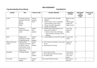 RISK ASSESSMENT
Trip Name:Bentley Priory filming
HAZARD

Coach

RISK

Date:06/02/14
WHO IS AT RISK

Someone may get
separa...