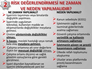 NE ZAMAN YAPILMALI?
NEDEN YAPILMALI?
 İşyerinin taşınması veya binalarda
değişiklik yapılması.
 Kanun sebebiyle (6331)
 İşyerinde uygulanan
 İşletmenin sağlık ve
teknoloji, kullanılan madde ve
tazminat giderlerinde
ekipmanlarda değişiklikler meydana
azalma sağlaması
gelmesi.
 Üretim yönteminde değişiklikler  Güvenli çalışma ortamında
olması.
verimlilik ve kalitenin
 İş kazası, meslek hastalığı veya ramak artmasını sağlaması
kala olay meydana gelmesi.
 İşletmenin güven ve prestij
 Çalışma ortamına ait sınır değerlere kazanmasını sağlaması
ilişkin bir mevzuat değişikliği olması.
 Çalışma ortamı ölçümü ve sağlık  Ülkede refah toplumunu
oluşturma
gözetim sonuçlarına göre gerekli
 Uluslar arası platformda
görülmesi.
prestij kazanılmasını
 İşyeri dışından kaynaklanan ve
sağlama
işyerini etkileyebilecek yeni bir

 