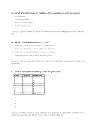 65 . Which of the following is an input to perform qualitative risk analysis process?
Scope baseline
Cost management plan
Schedule management plan
Quality management plan
Answer: a) Options, B and C are inputs in quantitative risk analysis and option D is input to identify
risk
66 . Which of the following statement is true?
Risk and stakeholder influence are high during the initiating
Risk is low and stakeholder influence is high during the initiating
Risk is high and stakeholder influence is low during the initiating
Risk and stakeholder influence are low during the initiating
Answer: a) Risk and stakeholder influence are high during the initiating and comes down as the time
progresses
67 . What is the float for the activity C from the given table?
1
2
3
5
Answer: b) The float for activity C is 2. Early start is 2, early finish is 3, late start is 4 and late finish is
5. Float formula is LS-ES or LF-EF which is 4-2 or 5-3. So the float is 2
 