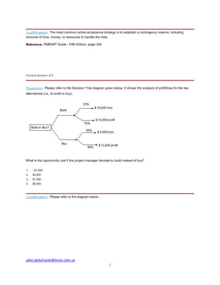 adel.abdulrazek@tesla.com.sa
3
Justification: The most common active acceptance strategy is to establish a contingency reserve, including
amounts of time, money, or resources to handle the risks.
Reference: PMBOK®
Guide - Fifth Edition, page 345
Correct Answer: # 2
Question: Please refer to the Decision Tree diagram given below. It shows the analysis of profit/loss for the two
alternatives (i.e., to build or buy).
What is the opportunity cost if the project manager decides to build instead of buy?
1. - $1,500
2. $3,500
3. $1,500
4. $5,000
Justification: Please refer to the diagram below :
 