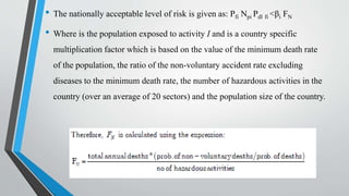 • The nationally acceptable level of risk is given as: Pfi Npi Pdl fi <βi FN
• Where is the population exposed to activity I and is a country specific
multiplication factor which is based on the value of the minimum death rate
of the population, the ratio of the non-voluntary accident rate excluding
diseases to the minimum death rate, the number of hazardous activities in the
country (over an average of 20 sectors) and the population size of the country.
 