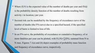 • Where E(N) is the expected value of the number of deaths per year and fNdij
is the probability density function of the number of deaths resulting from
activity i in location j per year.
• Societal risk can be modelled by the frequency of exceedance curve of the
number of deaths (the FN-curve) due to a specified hazard, if the specified
level of harm is limited to loss of life.
• In an FN-curve, the probability of exceedance or cumulative frequency, of or
more fatalities per year can be plotted, with F(≥N)=∑f(N), summed from N to
N max. Figures 7.1(a) and (b) depict examples of probability mass function
and frequency of exceedance curve, respectively.
 