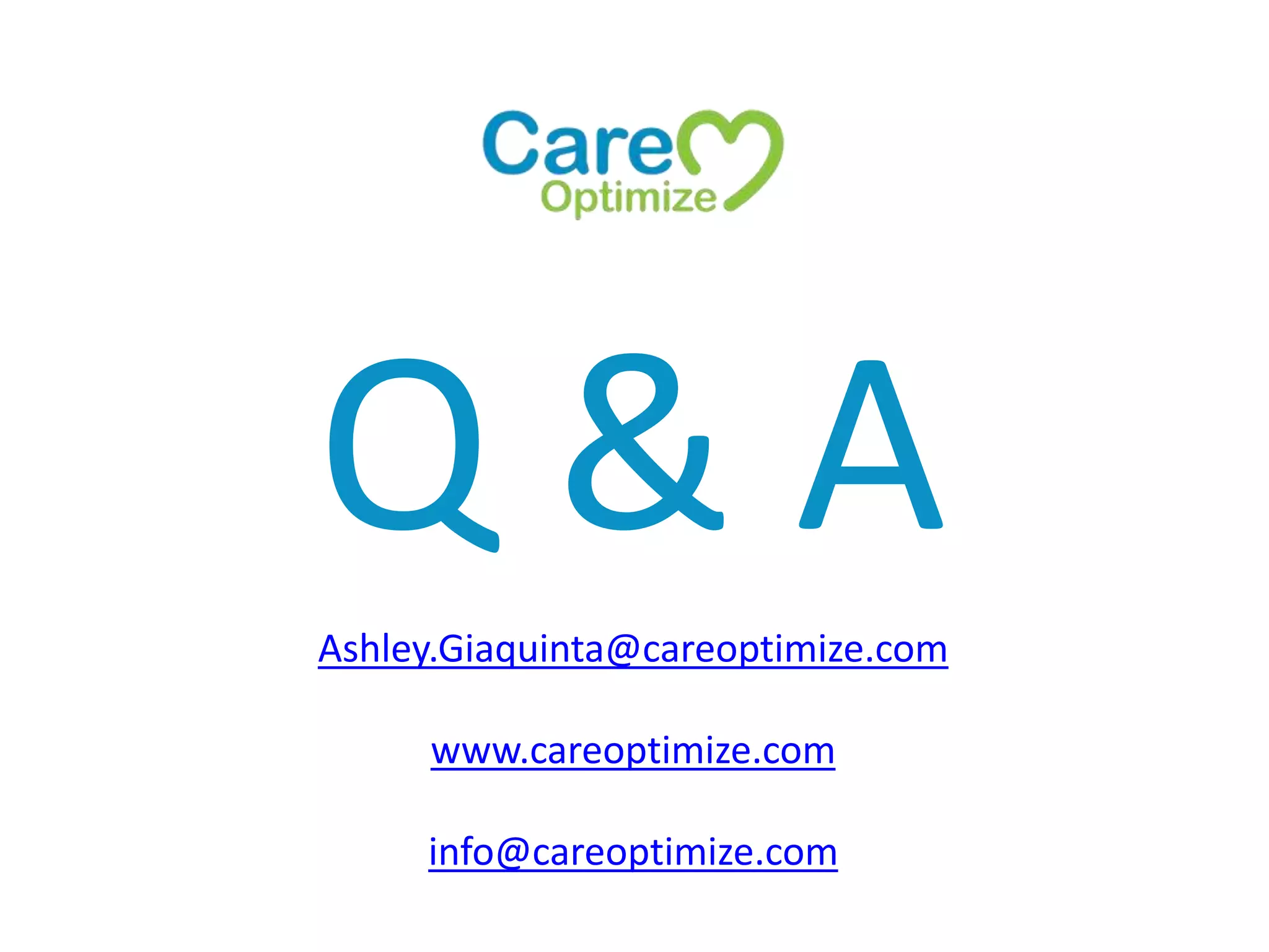 Q & A
Ashley.Giaquinta@careoptimize.com
www.careoptimize.com
info@careoptimize.com
 