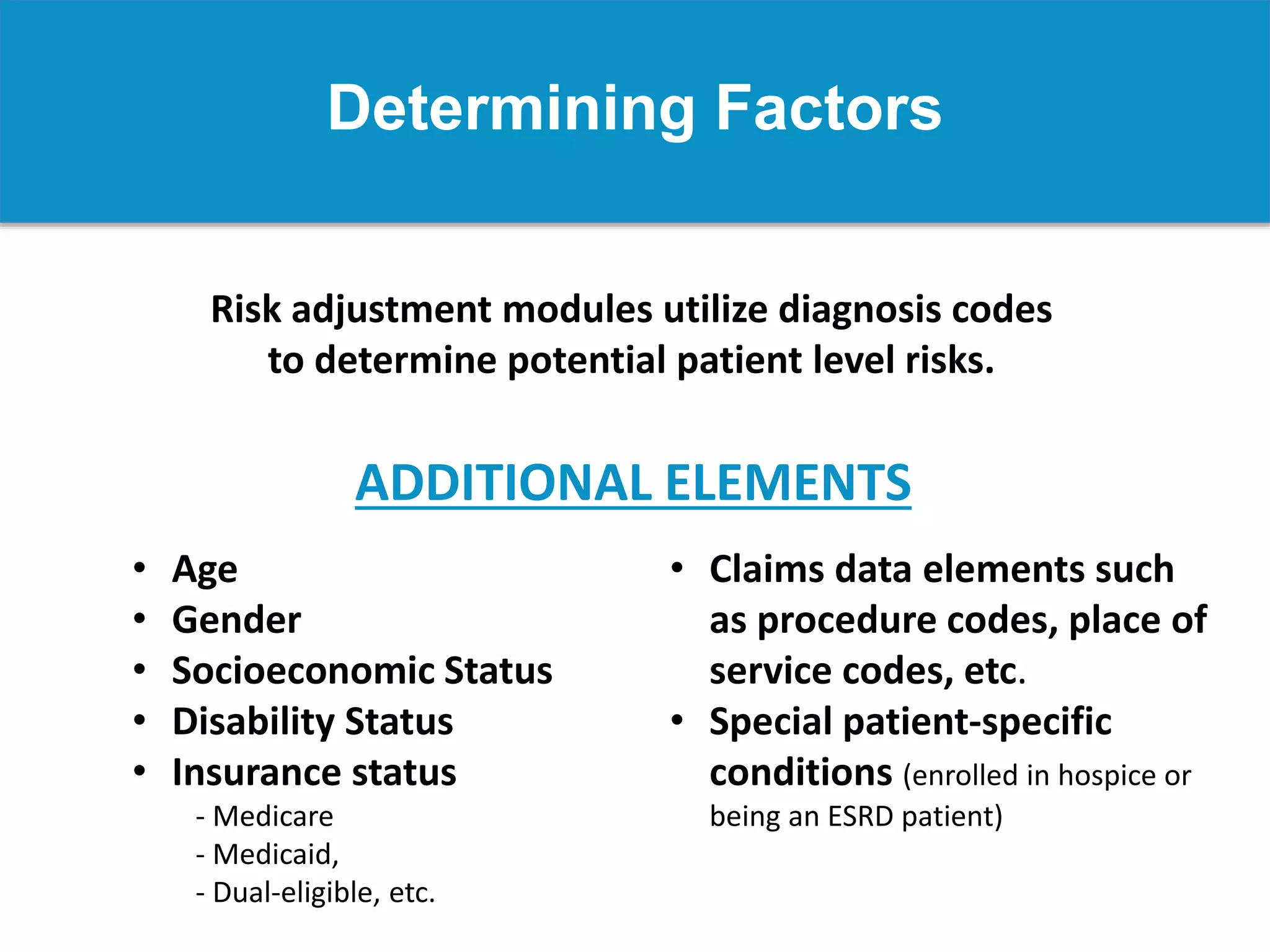 Determining Factors
Risk adjustment modules utilize diagnosis codes
to determine potential patient level risks.
• Age
• Gender
• Socioeconomic Status
• Disability Status
• Insurance status
- Medicare
- Medicaid,
- Dual-eligible, etc.
• Claims data elements such
as procedure codes, place of
service codes, etc.
• Special patient-specific
conditions (enrolled in hospice or
being an ESRD patient)
ADDITIONAL ELEMENTS
 