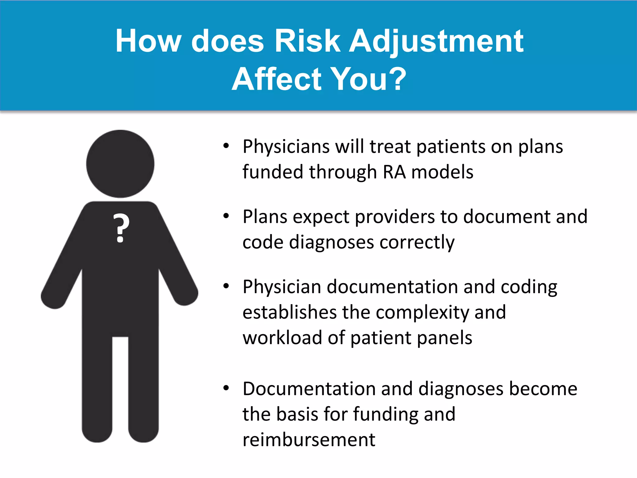 How does Risk Adjustment
Affect You?
• Physicians will treat patients on plans
funded through RA models
• Plans expect providers to document and
code diagnoses correctly
• Physician documentation and coding
establishes the complexity and
workload of patient panels
• Documentation and diagnoses become
the basis for funding and
reimbursement
?
 