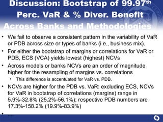 Discussion: Bootstrap of 99.97 th  Perc. VaR & % Diver. Benefit Across Banks and Methodologies  We fail to observe a consistent pattern in the variability of VaR or PDB across size or types of banks (i.e., business mix).  For either the bootstrap of margins or correlations for VaR or PDB, ECS (VCA) yields lowest (highest) NCVs  Across models or banks NCVs are an order of magnitude higher for the resampling of margins vs. correlations This difference is accentuated for VaR vs. PDB.  NCVs are higher for the PDB vs. VaR: excluding ECS, NCVs for VaR in bootstrap of correlations (margins) range in 5.9%-32.8% (25.2%-56.1%); respective PDB numbers are 17.3%-158.2% (19.9%-83.9%) .,..  