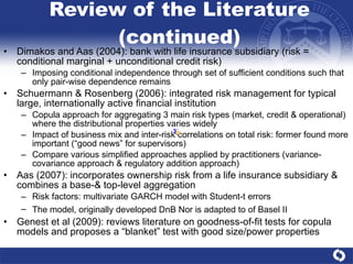 Review of the Literature (continued) Dimakos and Aas (2004): bank with life insurance subsidiary (risk = conditional marginal + unconditional credit risk) Imposing conditional independence through set of sufficient conditions such that only pair-wise dependence remains Schuermann & Rosenberg (2006): integrated risk management for typical large, internationally active financial institution Copula approach for aggregating 3 main risk types (market, credit & operational) where the distributional properties varies widely  Impact of business mix and inter-risk correlations on total risk: former found more important (“good news” for supervisors) Compare various simplified approaches applied by practitioners (variance-covariance approach & regulatory addition approach) Aas (2007): incorporates ownership risk from a life insurance subsidiary & combines a base-& top-level aggregation Risk factors: multivariate GARCH model with Student-t errors The model, originally developed DnB Nor is adapted to of Basel II   Genest et al (2009): reviews literature on goodness-of-fit tests for copula models and proposes a “blanket” test with good size/power properties  