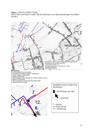 Bilaga 1. Karta över Kährs i Nybro.
(del av karta som beskrivs nedan. Blå och röda linjer avser dagvattenledningar inom Kährs
område.)
Verksamheter:
4. Fordonsverkstad inkl fordonstvätt
5. Bla upplag TLF-material, lastbilar, trucktransport
6. Torkar, magasin, trucktransport
7. Sågverk, slipverkstad
8. Godsmottagning, stora mängder lim, härdare, spackel, lack etc
9. Station för farligt avfall
10. Bla trucktransport av kemikalier samt farligt avfall
12. Bilparkering för anställda
Detaljbild visande område kring
dieseltanken.
= dieseltankens ung. läge
= infartsväg
7 = sågverk
4 = truckverkstad
12 = bilparkering
13
 