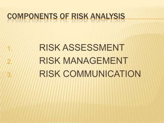 COMPONENTS OF RISK ANALYSIS         RISK ASSESSMENT         RISK MANAGEMENT         RISK COMMUNICATION