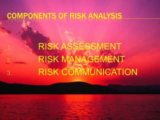 COMPONENTS OF RISK ANALYSIS         RISK ASSESSMENT         RISK MANAGEMENT         RISK COMMUNICATION