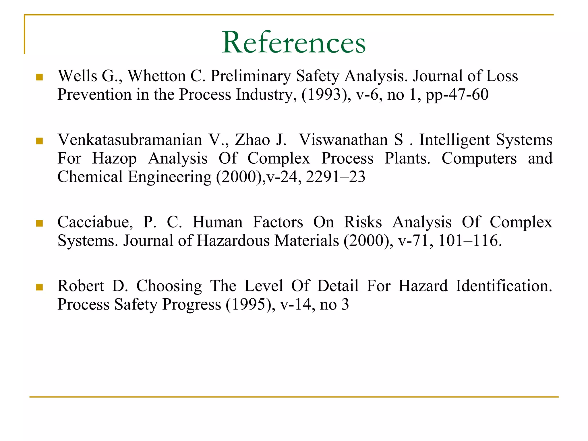 References 
 Wells G., Whetton C. Preliminary Safety Analysis. Journal of Loss 
Prevention in the Process Industry, (1993), v-6, no 1, pp-47-60 
 Venkatasubramanian V., Zhao J. Viswanathan S . Intelligent Systems 
For Hazop Analysis Of Complex Process Plants. Computers and 
Chemical Engineering (2000),v-24, 2291–23 
 Cacciabue, P. C. Human Factors On Risks Analysis Of Complex 
Systems. Journal of Hazardous Materials (2000), v-71, 101–116. 
 Robert D. Choosing The Level Of Detail For Hazard Identification. 
Process Safety Progress (1995), v-14, no 3 
 