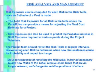 RISK ANALYSIS AND MANAGEMENT

Risk Exposure can be computed for each Risk in the Risk Table,
once an Estimate of a Cost is made.

- The Total Risk Exposure for all Risk in the table above the
  Cut-off line can provide a means for adjusting the Final Cost
  Estimate for a Project.

- Risk Exposure can also be used to predict the Probable increase in
  Staff Resource required at various points during the Project
  Schedule.

The Project team should revisit the Risk Table at regular intervals,
re-evaluating each Risk to determine when new circumstances cause
its Probability and Impact to change.

 As a consequence of revisiting the Risk table, it may be necessary
 to add new Risks to the Table, remove some Risks that are no
 longer relevant, and change the relative positions of others.
                                                                      19
 