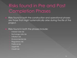  Risks found in both the construction and operational phases 
are those that might systematically arise during the life of the 
project. 
 Risks found in both the phases include: 
› Interest rate risk 
› Exchange rate risk 
› Inflation risk 
› Environmental risk 
› Regulatory risk 
› Political risk 
› Legal risk 
› Credit risk 
12 
 