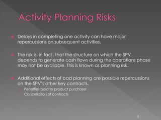  Delays in completing one activity can have major 
repercussions on subsequent activities. 
 The risk is, in fact, that the structure on which the SPV 
depends to generate cash flows during the operations phase 
may not be available. This is known as planning risk. 
 Additional effects of bad planning are possible repercussions 
on the SPV’s other key contracts. 
› Penalties paid to product purchaser 
› Cancellation of contracts 
5 
 