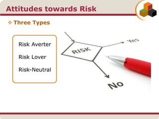 Attitudes towards Risk
 Three Types
Risk Averter
Risk Lover
Risk-Neutral
 