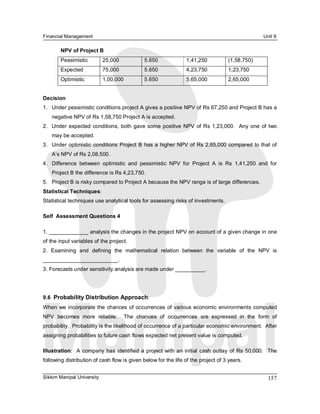 Financial Management                                                                                     Unit 9 

        NPV of Project B 
        Pessimistic          25,000             5.650               1,41,250            (1,58,750) 
        Expected             75,000             5.650               4,23,750            1,23,750 
        Optimistic           1,00,000           5.650               5,65,000            2,65,000 


Decision 
1.  Under pessimistic conditions project A gives a positive NPV of Rs 67,250 and Project B has a 
    negative NPV of Rs 1,58,750 Project A is accepted. 
2.  Under  expected  conditions, both  gave  some  positive  NPV  of Rs  1,23,000.  Any  one  of  two 
    may be accepted. 
3.  Under optimistic conditions Project B has a higher NPV of Rs 2,65,000 compared to that  of 
    A’s NPV of Rs 2,08,500. 
4.  Difference  between  optimistic  and  pessimistic  NPV  for  Project  A  is  Rs  1,41,250  and  for 
    Project B the difference is Rs 4,23,750. 
5.  Project B is risky compared to Project A because the NPV range is of large differences. 
Statistical Techniques: 
Statistical techniques use analytical tools for assessing risks of investments. 

Self  Assessment Questions 4 

1. _____________ analysis the changes in the project NPV on account of a given change in one 
of the input variables of the project. 
2.  Examining  and  defining  the  mathematical  relation  between  the  variable  of  the  NPV  is 
_________________________. 
3. Forecasts under sensitivity analysis are made under __________. 




9.6  Probability Distribution Approach: 
When  we  incorporate the  chances  of occurrences  of various economic environments  computed 
NPV  becomes  more  reliable.    The  chances  of  occurrences  are  expressed  in  the  form  of 
probability.  Probability is the likelihood of occurrence of a particular economic environment.  After 
assigning probabilities to future cash flows expected net present value is computed. 

Illustration:    A  company  has  identified  a project  with  an  initial  cash  outlay  of  Rs  50,000.    The 
following distribution of cash flow is given below for the life of the project of 3 years.


Sikkim Manipal University                                                                                  157 
 