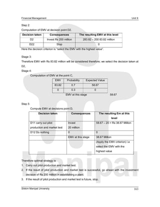 Financial Management                                                                                  Unit 9 

Step 2: 
Computation of EMV at decision point D2. 
Decision taken            Consequences                 The resulting EMV at this level 
        D2             Invest Rs 200 million             283.82 – 200 83.82 million 
       D22                       Stop                                    0 
Here the decision criterion is “select the EMV with the highest value”. 

Stage 3: 
Therefore EMV with Rs 83.82 million will be considered therefore; we select the decision taken at 
D2, 
Stage 4: 
        Computation of EMV at the point C, 
                               EMV        Probability       Expected Value 
                               83.82            0.7              58.67 
                                 0              0.3                 0 
                                         EMV at this stage                        58.67 


Step 5: 
        Compute EMV at decisions point D, 
               Decision taken                   Consequences              The resulting Em at this 
                                                                                   level 
        D11 carry out pilot                Invest                    58.67 – 20 = Rs 38.67 Million 
        production and market test         20 million 
        D12 Do nothing                     0                         0 
                                           EMV at this stage         38.67 Million 
                                                                     (Apply the EMV criterion) i.e 
                                                                     select the EMV with the 
                                                                     highest value 


Therefore optimal strategy is 
1.  Carry out pilot production and market test. 
2.  If  the  result  of pilot production  and  market  test  is  successful,  go  ahead  with  the investment 
    decision of Rs 200 million in establishing a plant. 
3.  If the result of pilot production and market test is future, stop.


Sikkim Manipal University                                                                                163 
 