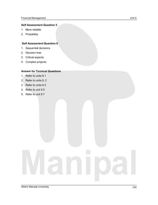 Financial Management             Unit 9 

Self Assessment Question 5 
1.  More reliable 
2.  Probability 


Self Assessment Question 6 
1.  Sequential decisions 
2.  Decision tree. 
3.  Critical aspects 
4.  Complex projects. 


Answer for Terminal Questions 
1.  Refer to units 9.1 
2.  Refer to units 9. 2 
3.  Refer to units 9.3 
4.  Refer to unit 9.5 
5.  Refer to unit 9.7




Sikkim Manipal University          166 
 