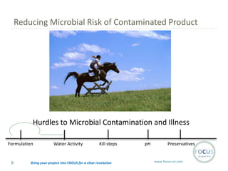 Reducing Microbial Risk of Contaminated Product

Hurdles to Microbial Contamination and Illness
Formulation

Water Activity

Kill steps

Bring your project into FOCUS for a clear resolution

pH

Preservatives

www.focus-sci.com

 