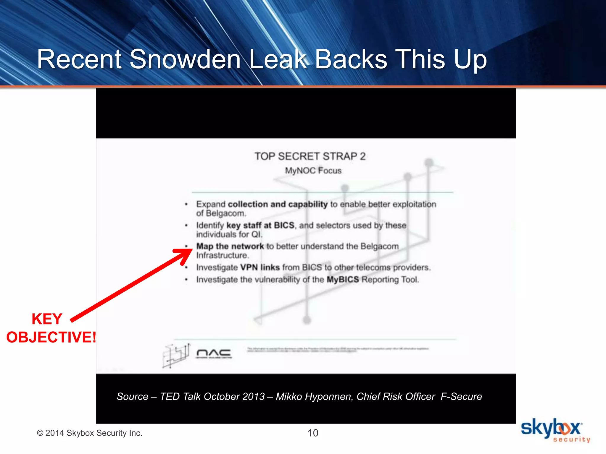 Recent Snowden Leak Backs This Up 
KEY 
OBJECTIVE! 
Source – TED Talk October 2013 – Mikko Hyponnen, Chief Risk Officer F-Secure 
© 2014 Skybox Security Inc. 10 
 
