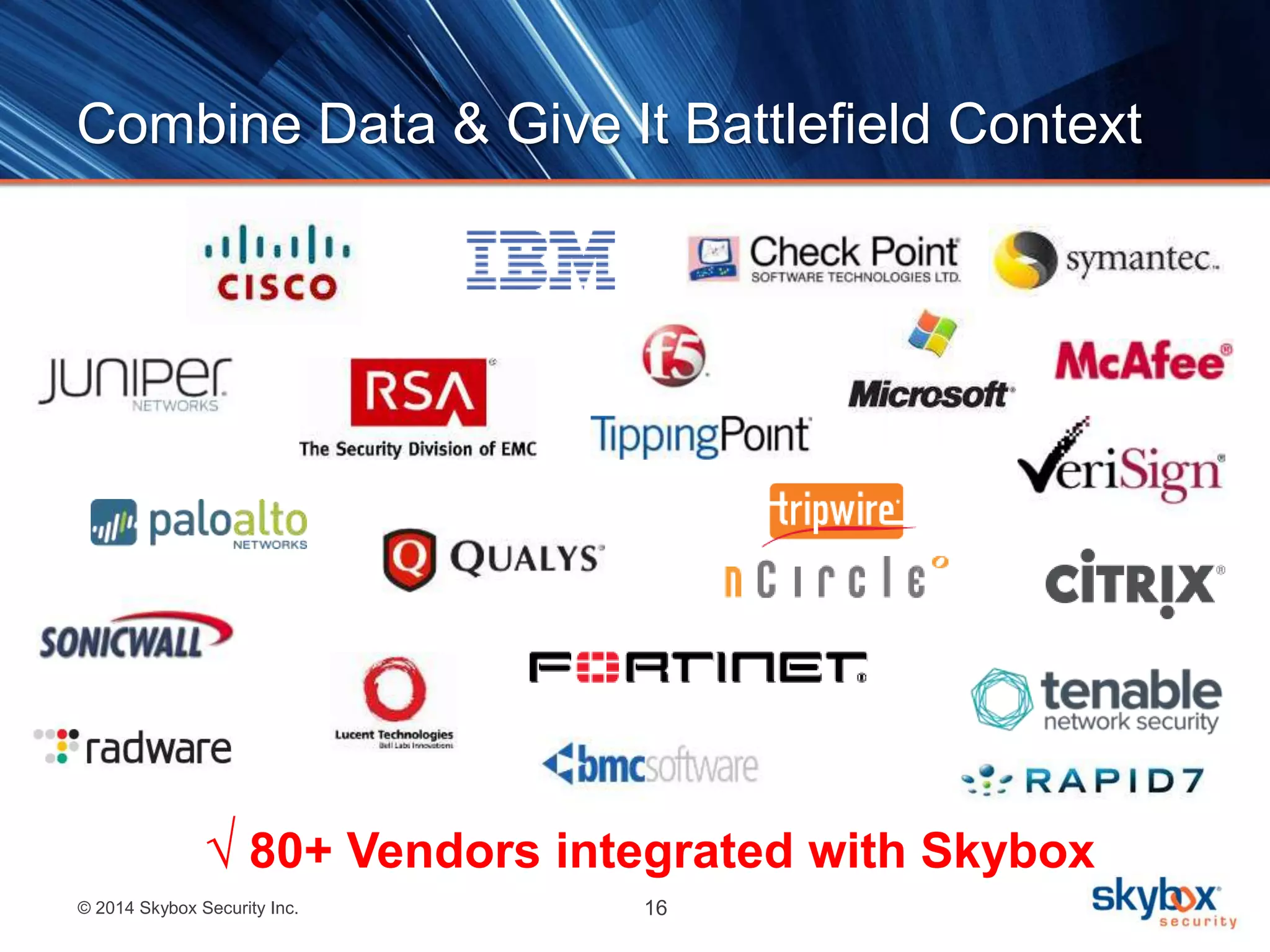 Combine Data & Give It Battlefield Context 
√ 80+ Vendors integrated with Skybox 
© 2014 Skybox Security Inc. 16 
 