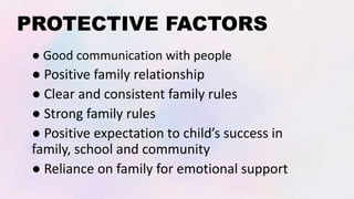 PROTECTIVE FACTORS
● Good communication with people
● Positive family relationship
● Clear and consistent family rules
● Strong family rules
● Positive expectation to child’s success in
family, school and community
● Reliance on family for emotional support
 