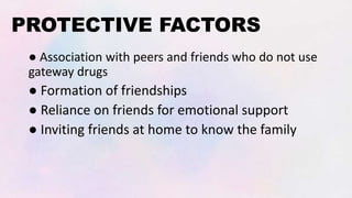 PROTECTIVE FACTORS
● Association with peers and friends who do not use
gateway drugs
● Formation of friendships
● Reliance on friends for emotional support
● Inviting friends at home to know the family
 