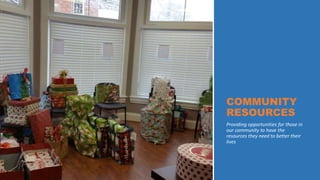 COMMUNITY
RESOURCES
Providing opportunities for those in
our community to have the
resources they need to better their
lives
 