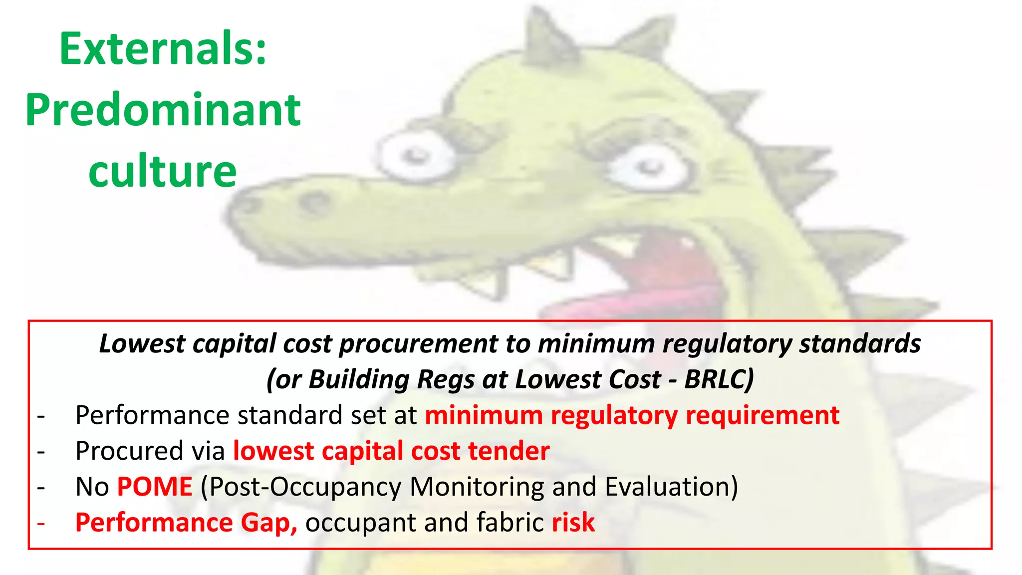 Lowest capital cost procurement to minimum regulatory standards
(or Building Regs at Lowest Cost - BRLC)
- Performance standard set at minimum regulatory requirement
- Procured via lowest capital cost tender
- No POME (Post-Occupancy Monitoring and Evaluation)
- Performance Gap, occupant and fabric risk
Externals:
Predominant
culture
 