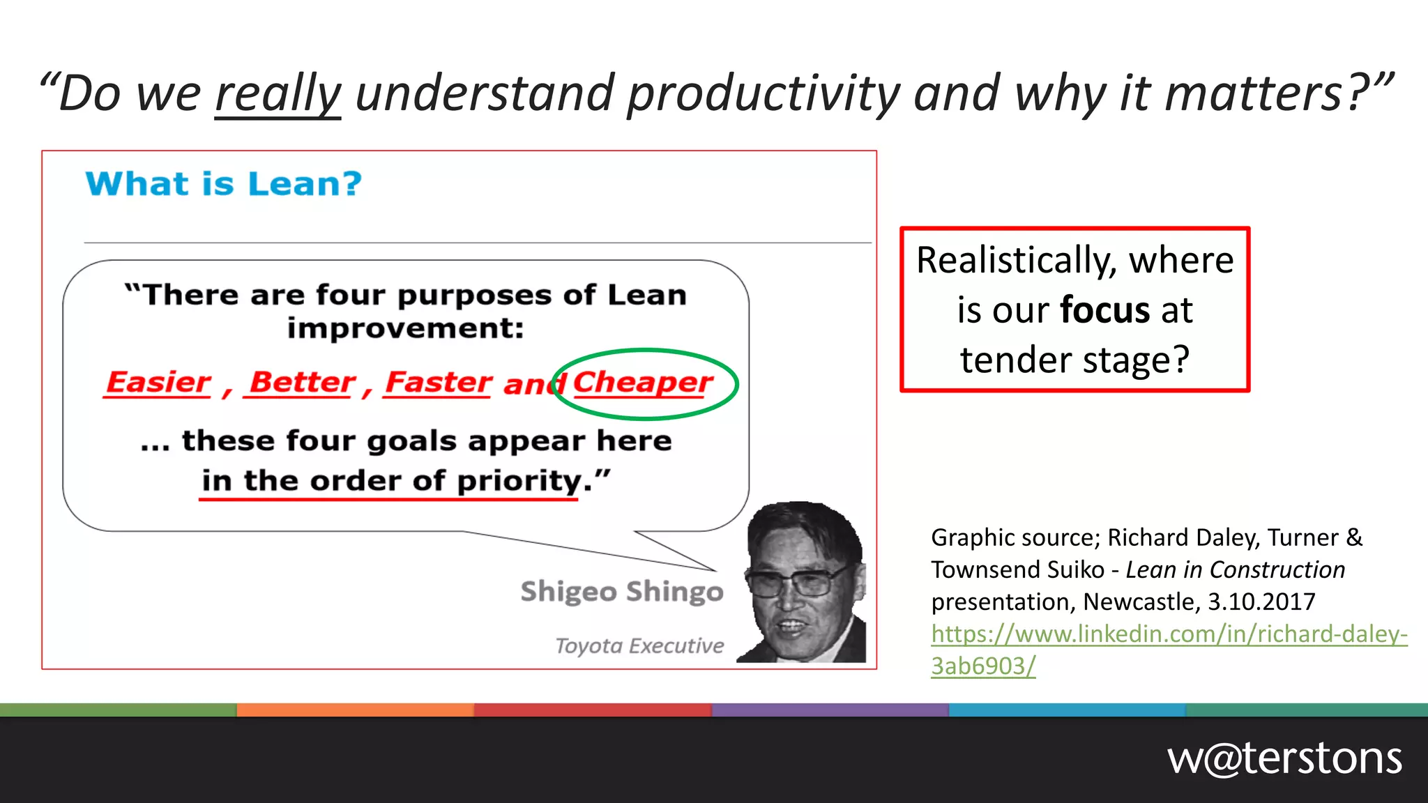 “Do we really understand productivity and why it matters?”
Realistically, where
is our focus at
tender stage?
Graphic source; Richard Daley, Turner &
Townsend Suiko - Lean in Construction
presentation, Newcastle, 3.10.2017
https://www.linkedin.com/in/richard-daley-
3ab6903/
 
