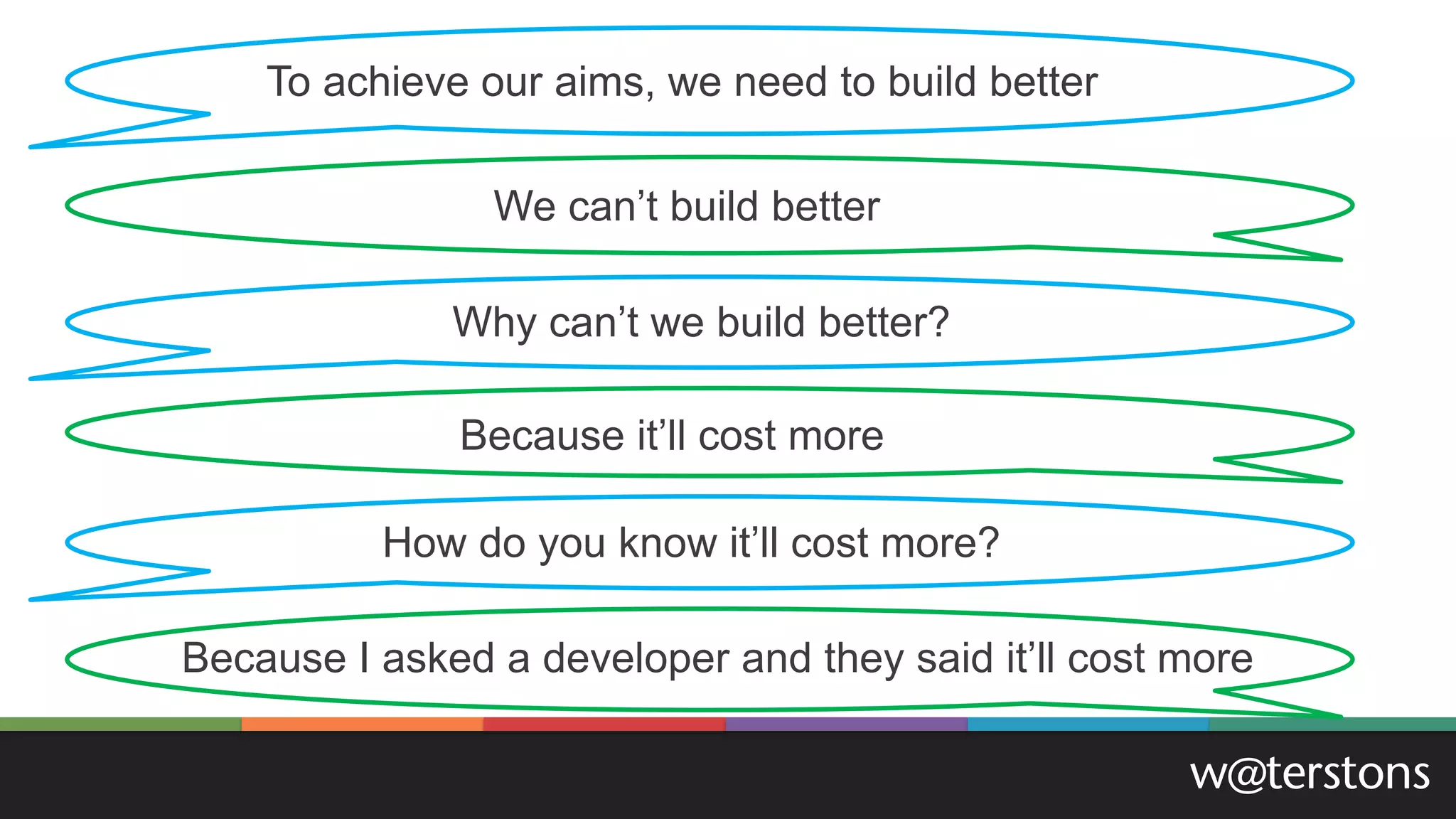 To achieve our aims, we need to build better
Why can’t we build better?
How do you know it’ll cost more?
We can’t build better
Because it’ll cost more
Because I asked a developer and they said it’ll cost more
 