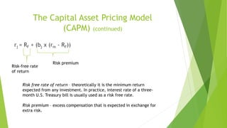 The Capital Asset Pricing Model
(CAPM) (continued)
rj = RF + (bj x (rm - RF))
Risk-free rate
of return
Risk premium
Risk free rate of return – theoretically it is the minimum return
expected from any investment. In practice, interest rate of a three-
month U.S. Treasury bill is usually used as a risk free rate.
Risk premium – excess compensation that is expected in exchange for
extra risk.
 