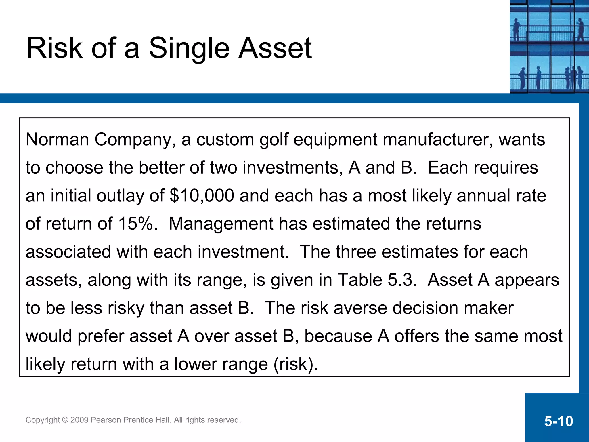Copyright © 2009 Pearson Prentice Hall. All rights reserved. 5-10
Norman Company, a custom golf equipment manufacturer, wants
to choose the better of two investments, A and B. Each requires
an initial outlay of $10,000 and each has a most likely annual rate
of return of 15%. Management has estimated the returns
associated with each investment. The three estimates for each
assets, along with its range, is given in Table 5.3. Asset A appears
to be less risky than asset B. The risk averse decision maker
would prefer asset A over asset B, because A offers the same most
likely return with a lower range (risk).
Risk of a Single Asset
 