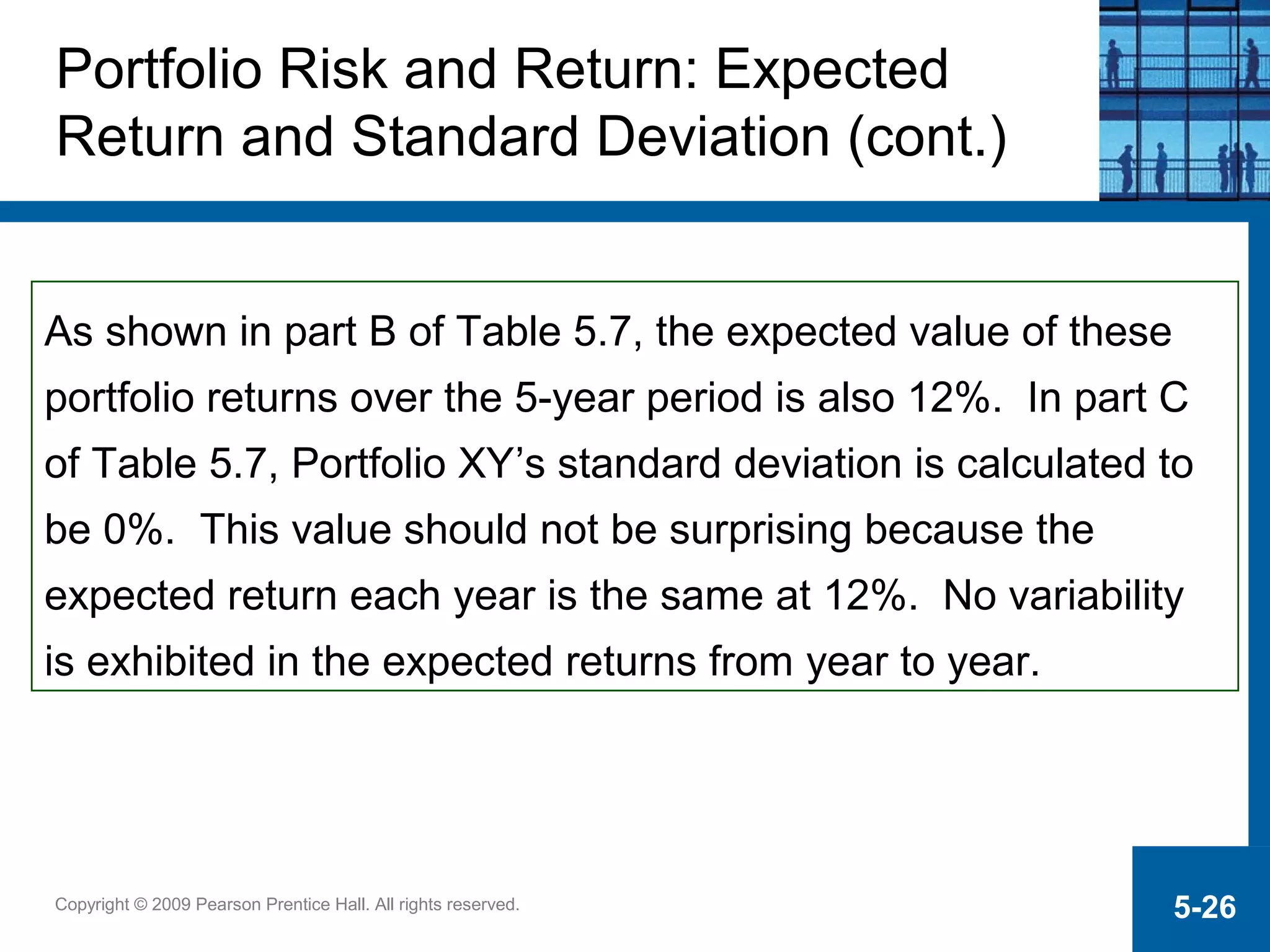 Copyright © 2009 Pearson Prentice Hall. All rights reserved. 5-26
As shown in part B of Table 5.7, the expected value of these
portfolio returns over the 5-year period is also 12%. In part C
of Table 5.7, Portfolio XY’s standard deviation is calculated to
be 0%. This value should not be surprising because the
expected return each year is the same at 12%. No variability
is exhibited in the expected returns from year to year.
Portfolio Risk and Return: Expected
Return and Standard Deviation (cont.)
 