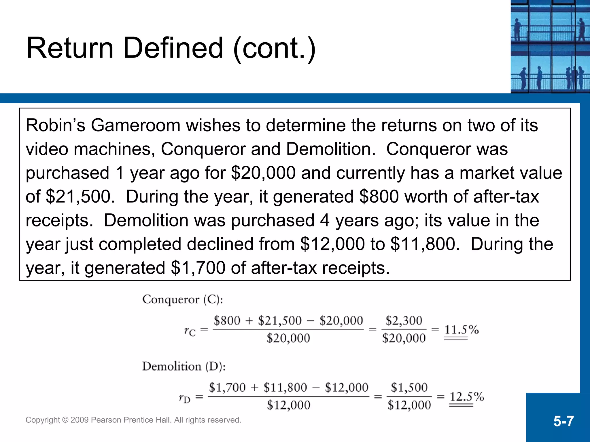 Copyright © 2009 Pearson Prentice Hall. All rights reserved. 5-7
Robin’s Gameroom wishes to determine the returns on two of its
video machines, Conqueror and Demolition. Conqueror was
purchased 1 year ago for $20,000 and currently has a market value
of $21,500. During the year, it generated $800 worth of after-tax
receipts. Demolition was purchased 4 years ago; its value in the
year just completed declined from $12,000 to $11,800. During the
year, it generated $1,700 of after-tax receipts.
Return Defined (cont.)
 