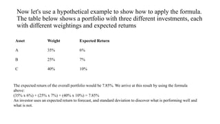 Now let's use a hypothetical example to show how to apply the formula.
The table below shows a portfolio with three different investments, each
with different weightings and expected returns
Asset Weight Expected Return
A 35% 6%
B 25% 7%
C 40% 10%
The expected return of the overall portfolio would be 7.85%. We arrive at this result by using the formula
above:
(35% x 6%) + (25% x 7%) + (40% x 10%) = 7.85%
An investor uses an expected return to forecast, and standard deviation to discover what is performing well and
what is not.
 