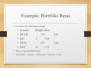 Example: Portfolio Betas
• Consider the following example
• Security Weight Beta
• DCLK .133 3.69
• KO .2 0.64
• INTC .167 1.64
• KEI .4 1.79
• What is the portfolio beta?
• .133(3.69) + .2(.64) + .167(1.64) + .4(1.79) = 1.61
 