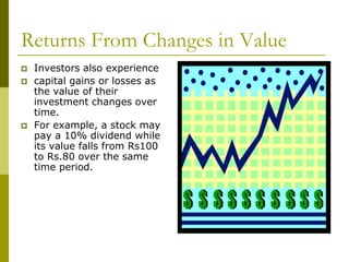 Returns From Changes in Value
 Investors also experience
 capital gains or losses as
the value of their
investment changes over
time.
 For example, a stock may
pay a 10% dividend while
its value falls from Rs100
to Rs.80 over the same
time period.
 