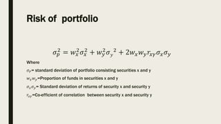 Risk of portfolio
𝜎𝑝
2
= 𝑤𝑥
2
𝜎𝑥
2
+ 𝑤𝑦
2
𝜎𝑦
2
+ 2𝑤𝑥𝑤𝑦𝑟𝑥𝛾𝜎𝑥𝜎𝑦
Where
𝜎𝑃= standard deviation of portfolio consisting securit...