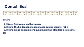 2. Hitung Risiko dengan menggunakan rumus variansi (S2 )
3. Hitung risiko dengan menggunakan rumus standard devisisansi
(s)
 