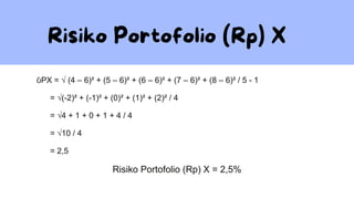 ỽPX = √ (4 – 6)² + (5 – 6)² + (6 – 6)² + (7 – 6)² + (8 – 6)² / 5 - 1
= √(-2)² + (-1)² + (0)² + (1)² + (2)² / 4
= √4 + 1 + 0 + 1 + 4 / 4
= √10 / 4
= 2,5
Risiko Portofolio (Rp) X = 2,5%
 